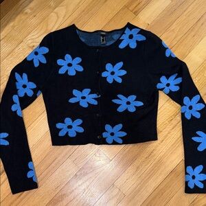 Forever 21 black cardigan blue flowers